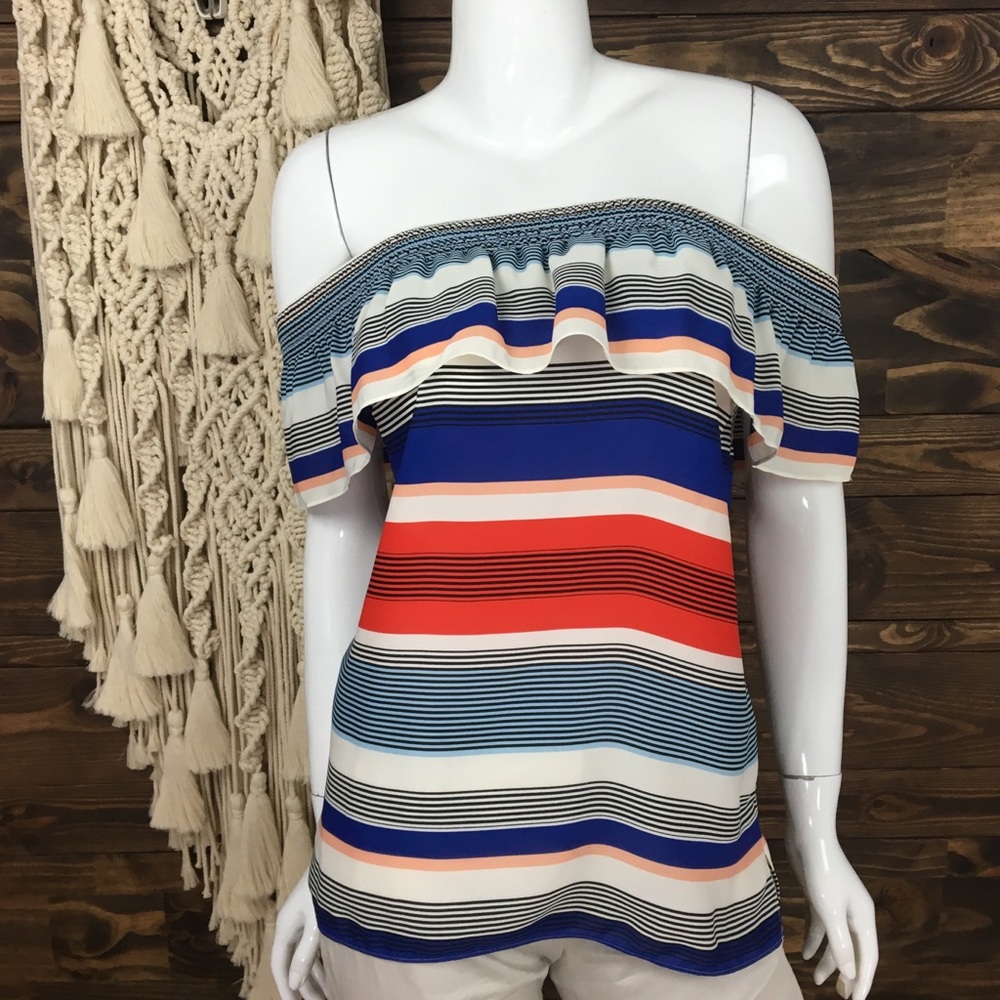 Laundry Shelli Segal | Striped Smocked Off Shoulder Blouse